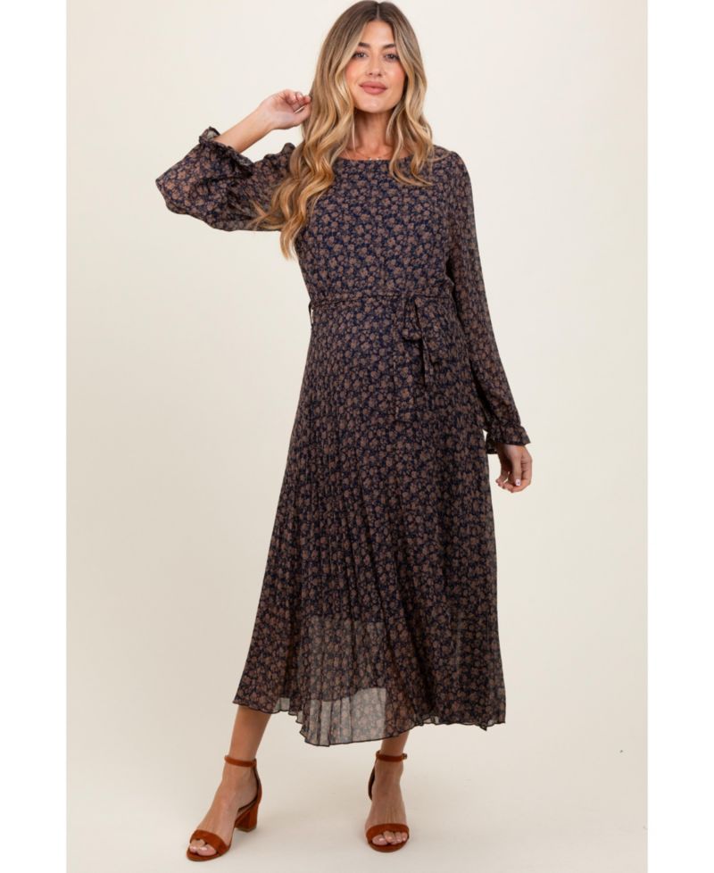 Women's Navy Blue Floral Front Tie Pleated Midi Dress