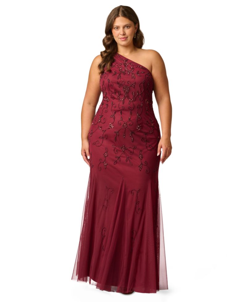 Plus Size One-Shoulder Beaded Gown