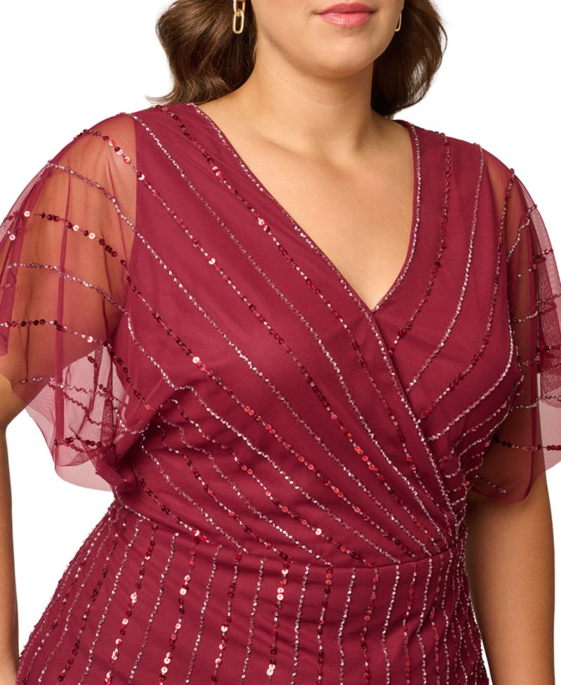 Plus Size Sequin Beaded Flutter-Sleeve Dress