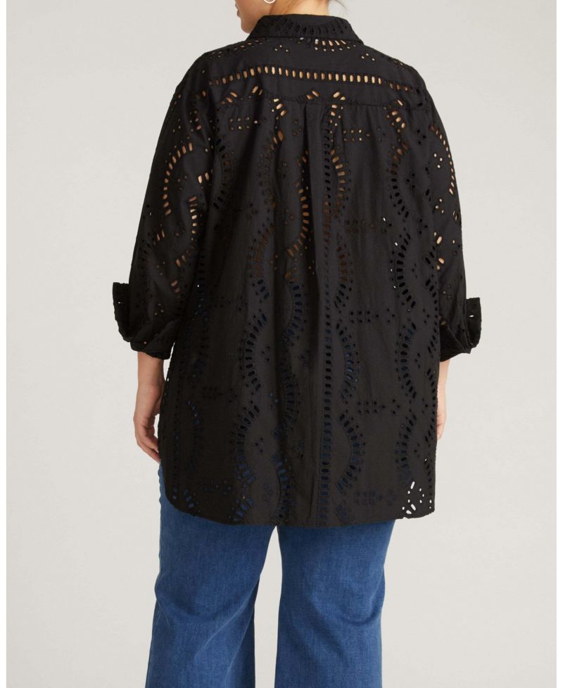 Plus Size Oversized Embroidered Eyelet Long-Sleeve Button-Down Shirt