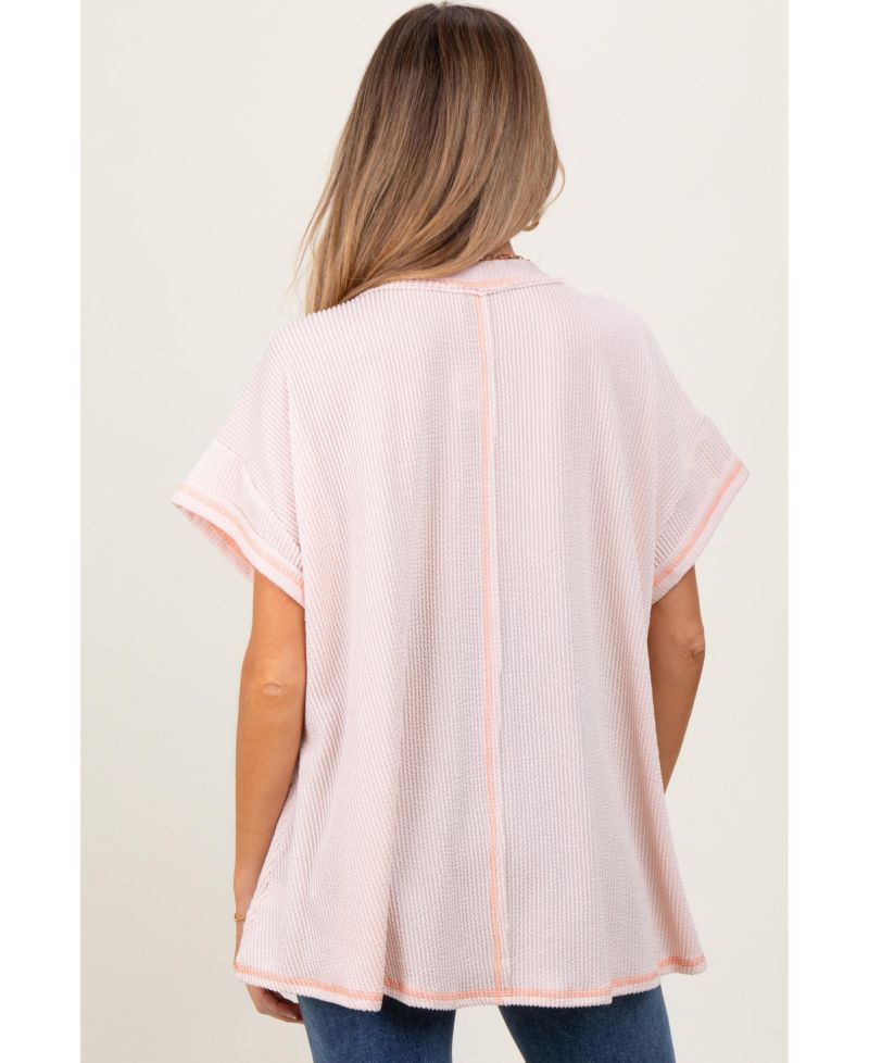 Women's Striped Ribbed V-Neck Oversized Short Sleeve Top