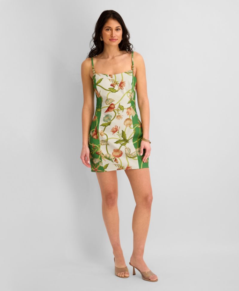 Women's Printed Flax Woven Square Neck Short Dress