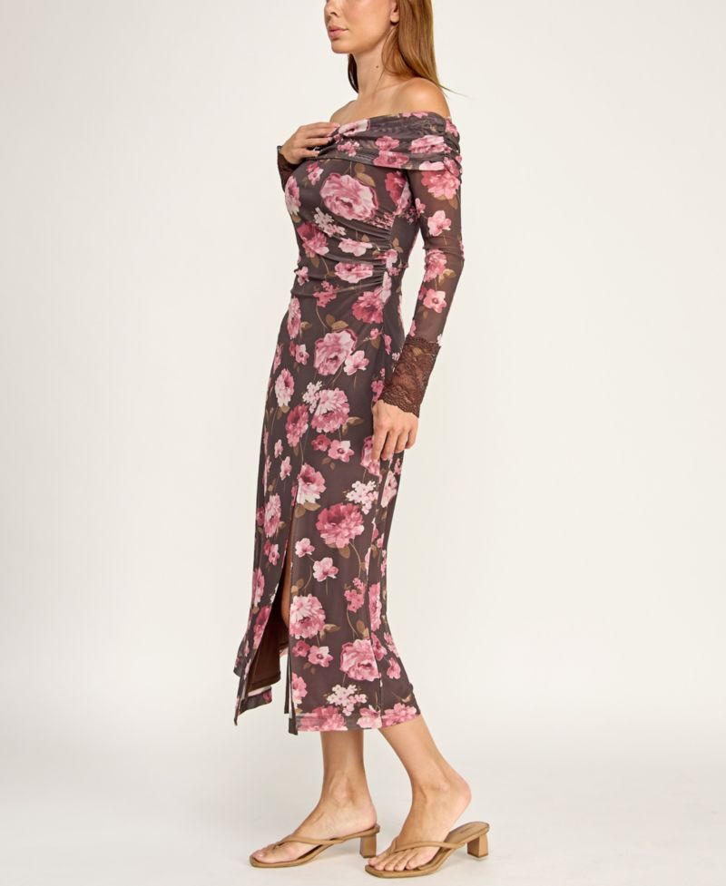 Juniors' Off-The-Shoulder Long-Sleeve Floral Printed Mesh Midi Dress