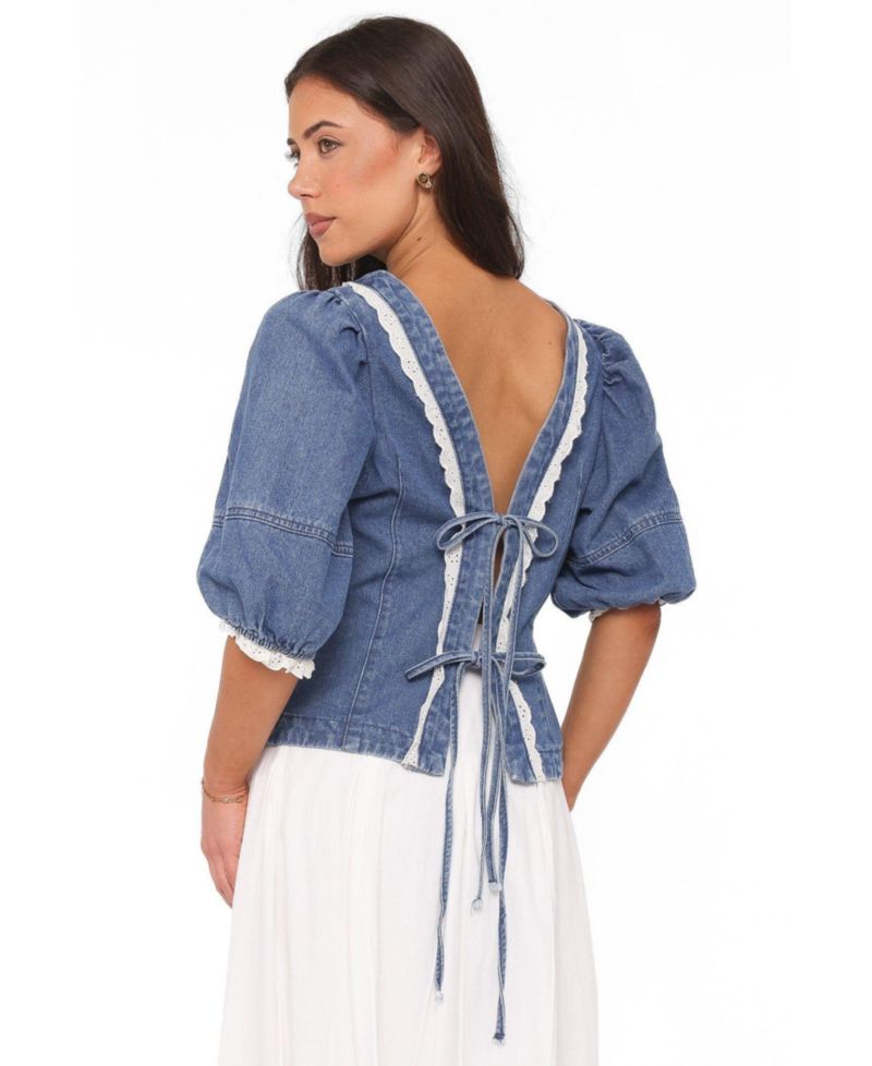 Women's Merli Denim Open-Back Puff-Sleeve Top