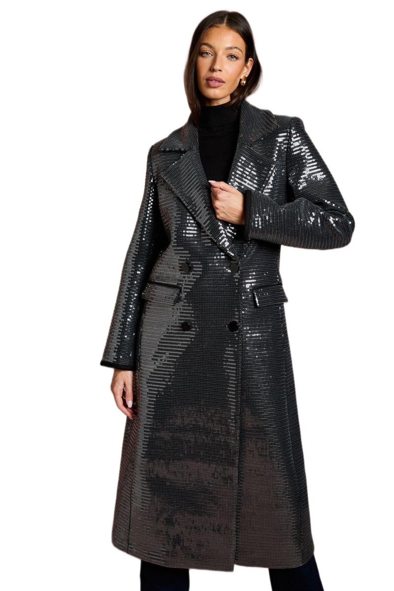 Women's Faux Fur Collar Sequin Longline Coat