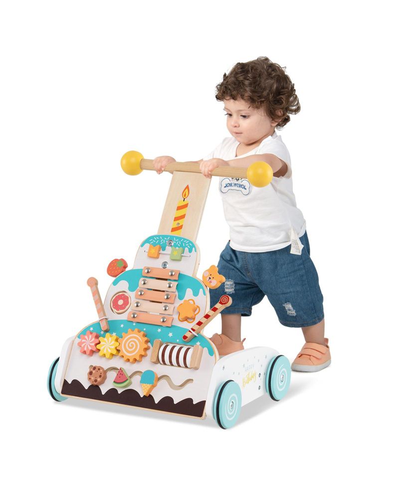 Toddler Wooden Walker with Adjustable Heights and Smooth Wheels-White