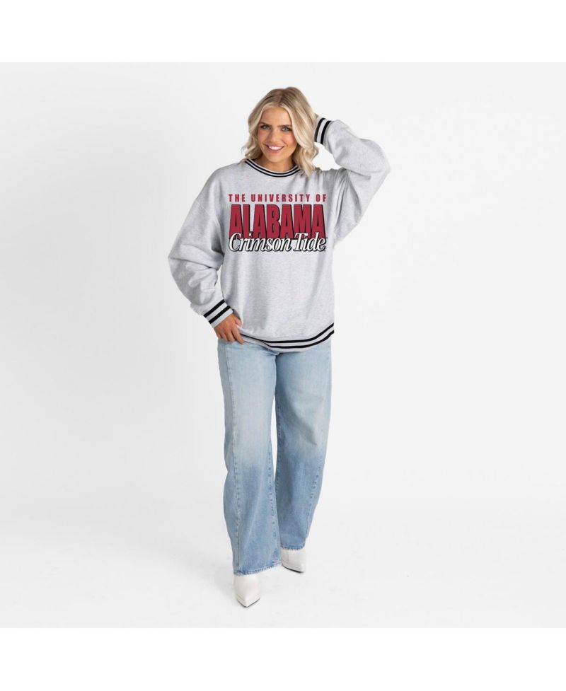 Women's Gray Alabama Crimson Tide Oversized Showdown Ringer Stripe Sweatshirt