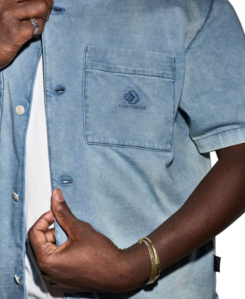 Men's Jersey Denim Short-Sleeve Collared Shirt