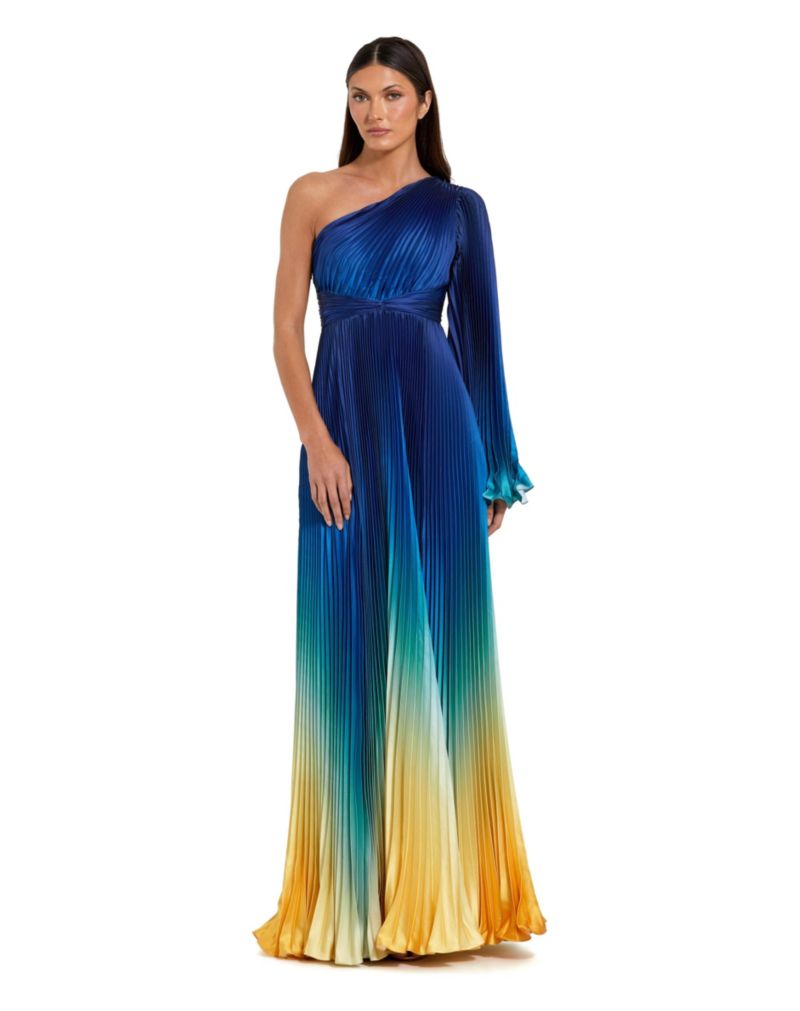 Petite Pleated Charmeuse One-Shoulder Flare Sleeve Gown