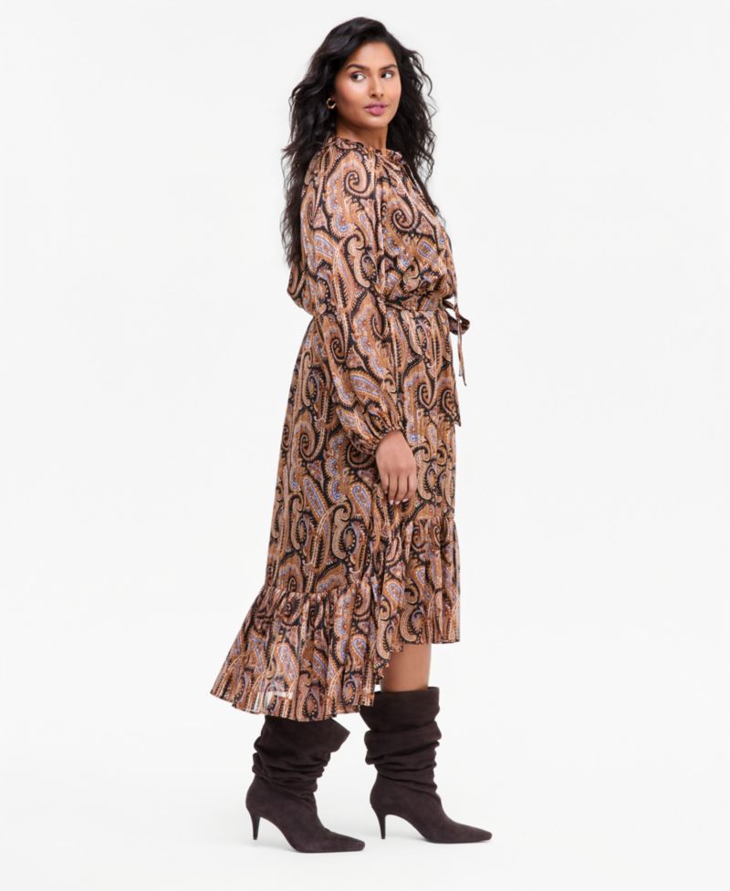 Plus Size Long-Sleeve High-Low Mock-Neck Chiffon Wrap Dress