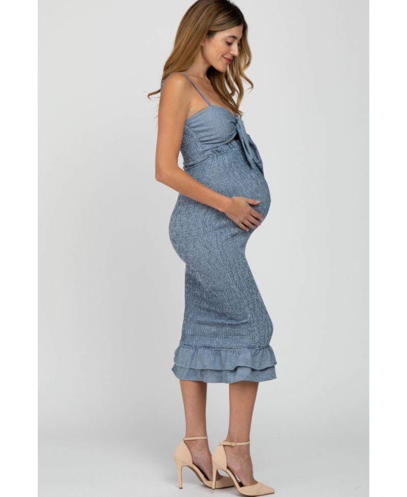 Women's Blue Gingham Print Smocked Fitted Self-Tie Midi Dress