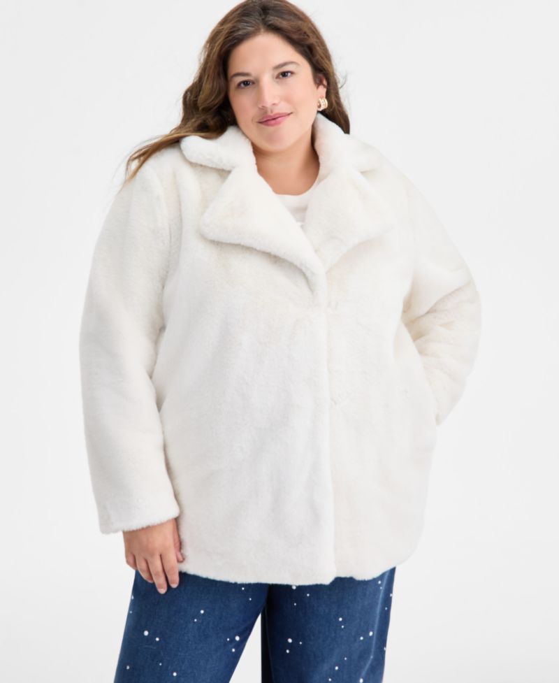 Trendy Plus Size Notched Collar Faux Fur Coat