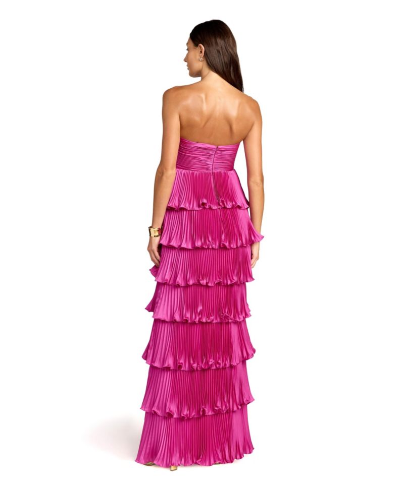 Petite Pleated Charmeuse Strapless Tiered Ruffle Gown