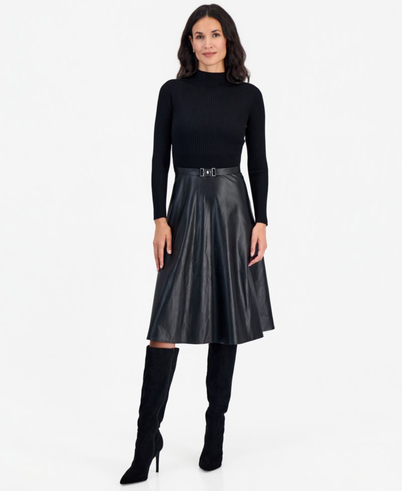 Petite Mockneck Long-Sleeve Belted Dress