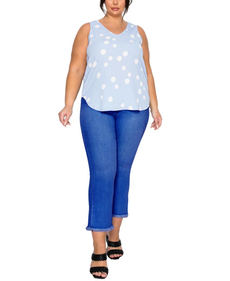 Plus Size Polka Dot Crinkle Knit Double V-Neck Tank