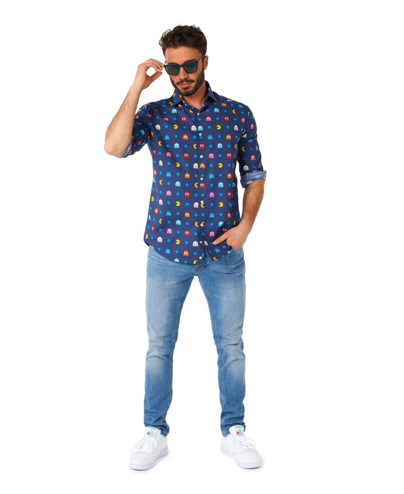Big & Tall Pixel Official PAC-MAN Shirt - Retro Gaming Outfit - Including 1 Button- Up Shirt - Blue - Long sleeve