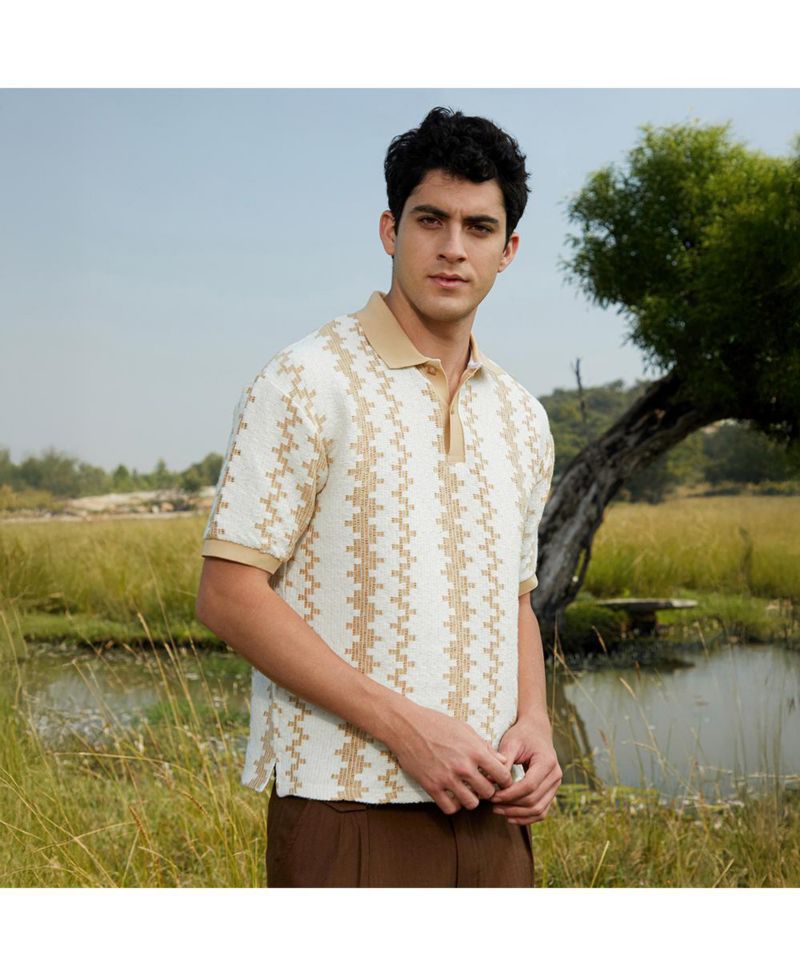 Men's Buff Beige & Cream White Indie-Block Polo T-Shirt