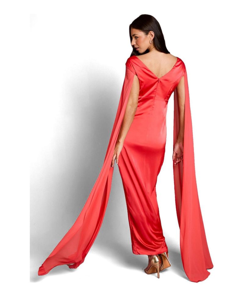 Women's Cape Sleeve V-Neck Satin Maxi Dress