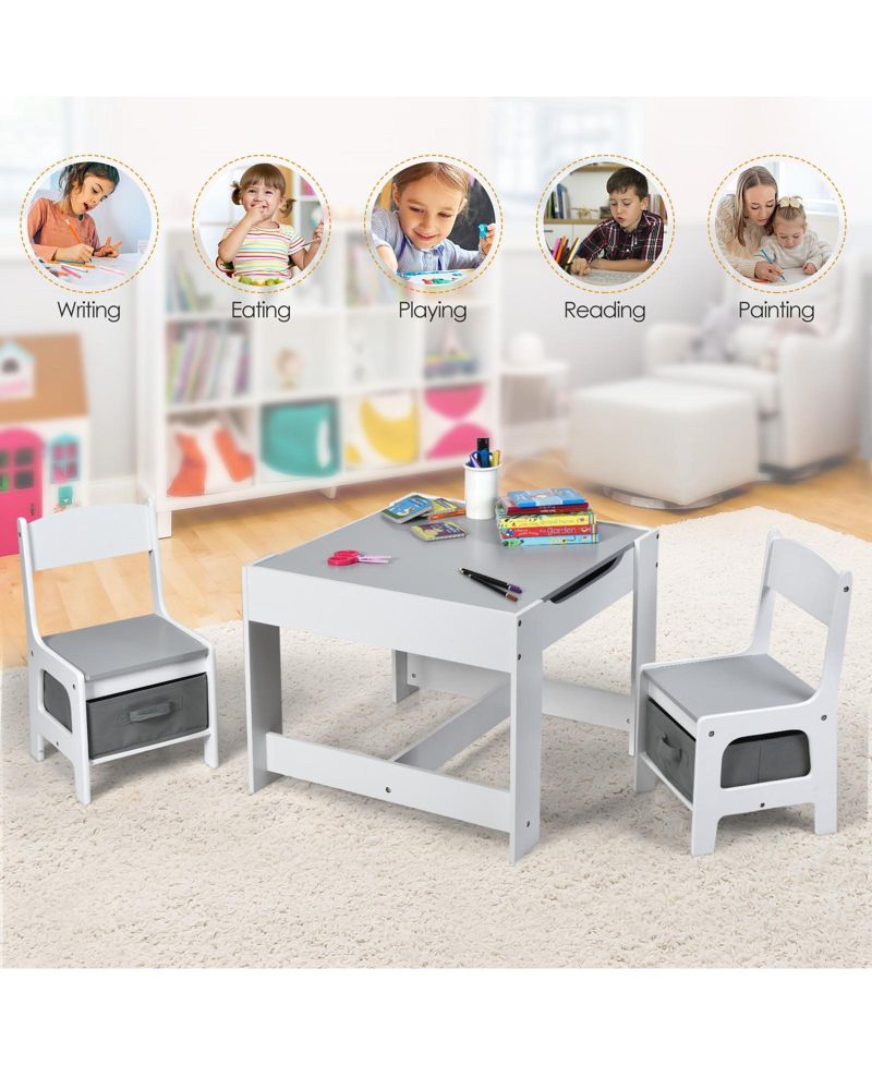 Kids Table Chairs Set with Storage Boxes Blackboard Whiteboard Drawing