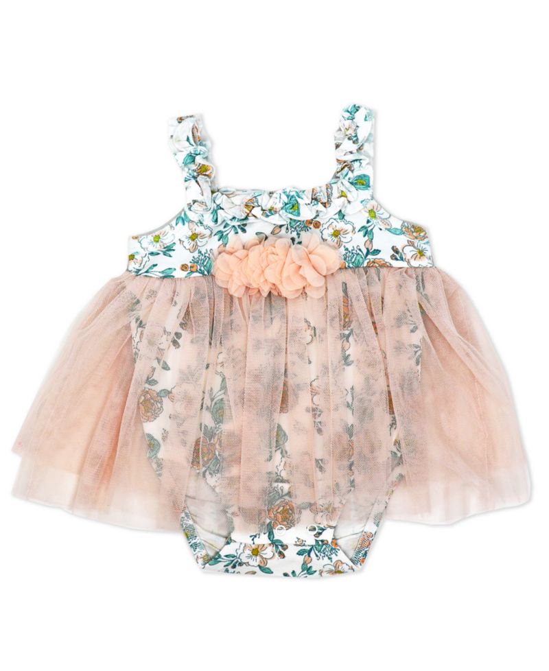 Baby Girls 2 Piece Peach Floral Romper with Tulle Over Skirt and Matching Headband