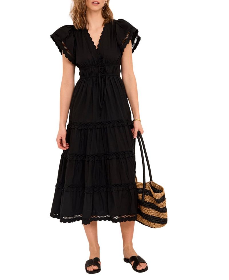 Women's V-Neck Short-Sleeve Ruffle Cotton Maxi Dress