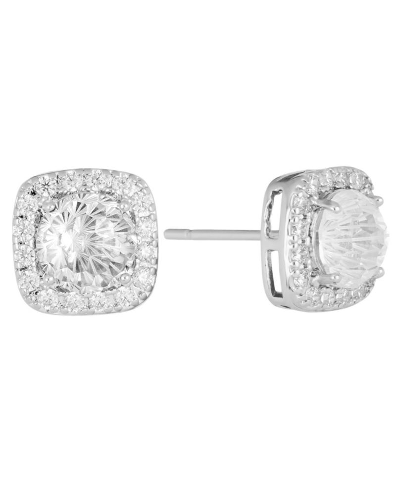 Sterling Silver Starlight Cubic Zirconia Cushion Halo Stud Earrings