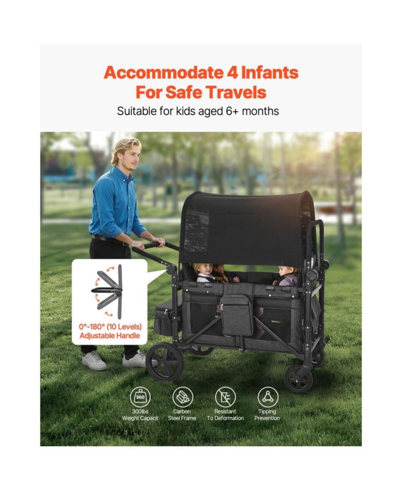 4 Seat Wagon Stroller 330 lb Foldable Push Pull with Canopy
