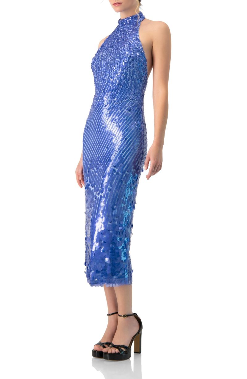 Women's Halter Paillette Sequin Midi Dress With Open-Back