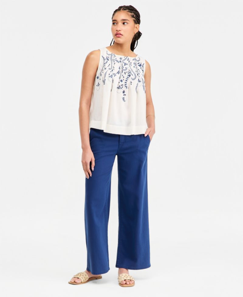 Women's Sleeveless Boat-Neck Embroidered Woven Cotton Top