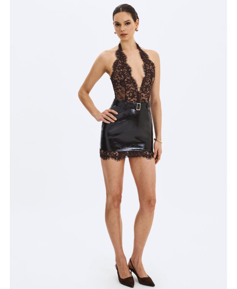 Women's Faris Mahogany Plunging Halter Belted Mini Dress
