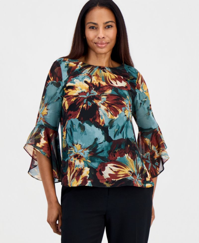 Women's Floral Chiffon 3/4-Sleeve Ruffled Blouse