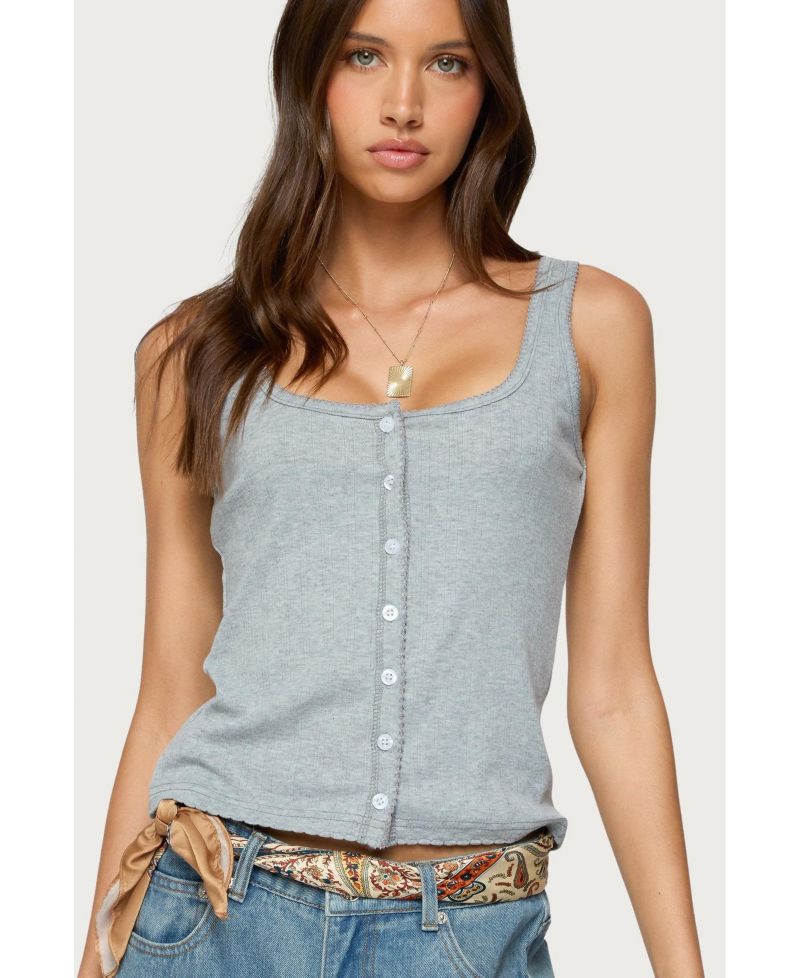 Womens Gwenne Pointelle Button Up Tank Top