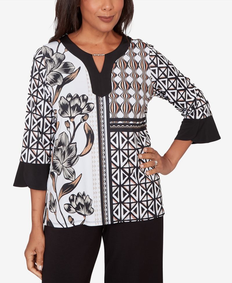 Women's Classic Floral Geo Patchwork Split Neck Top