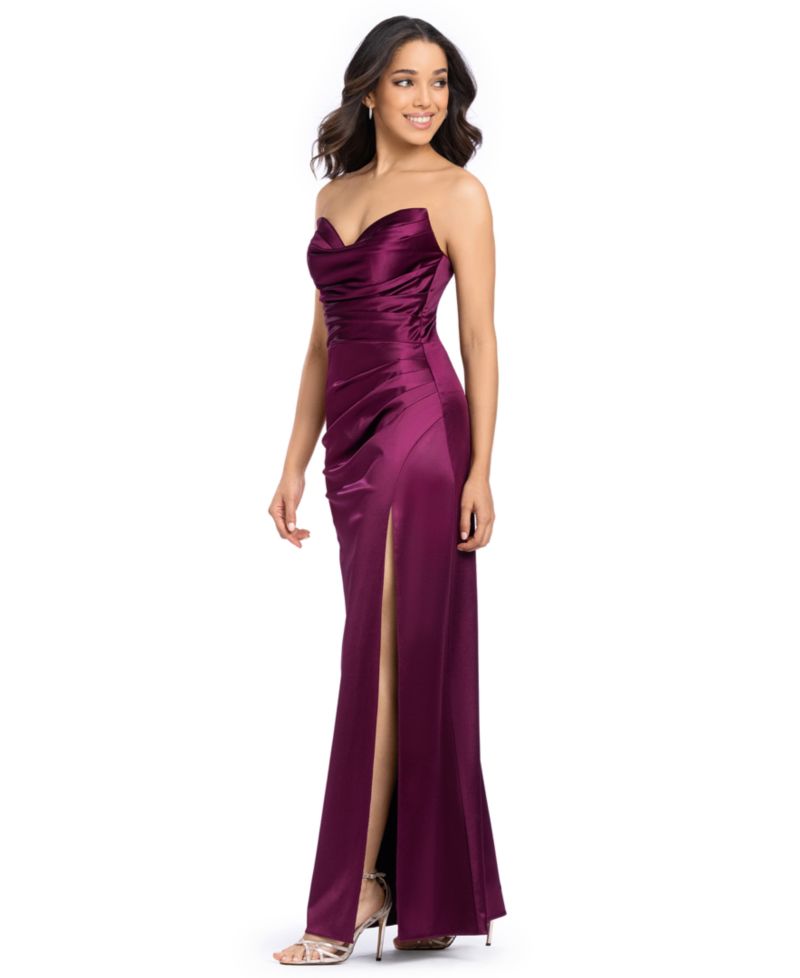 Juniors' Long Strapless Glam Satin Slim Gown