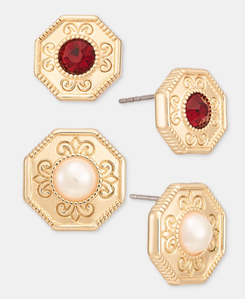 Glass and Faux Pearl Stud Earrings, Set of Two