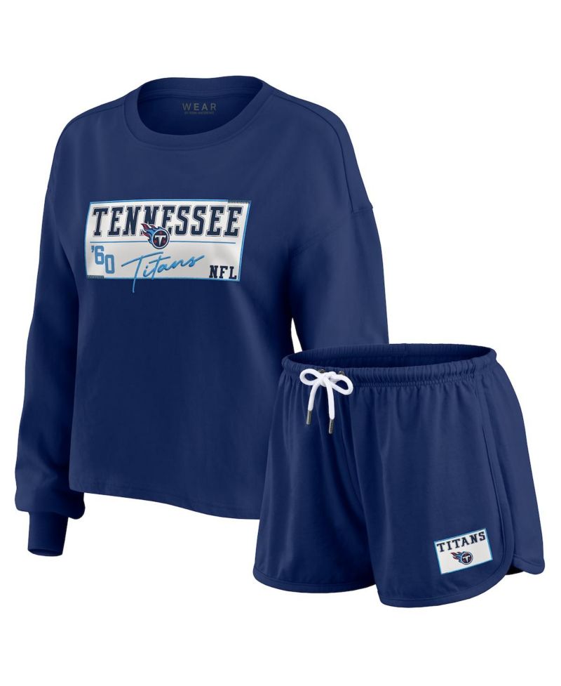 Women's 2-Piece Navy Tennessee Titans Heavy Rugby Jersey Long Sleeve T-Shirt and Shorts Lounge Set