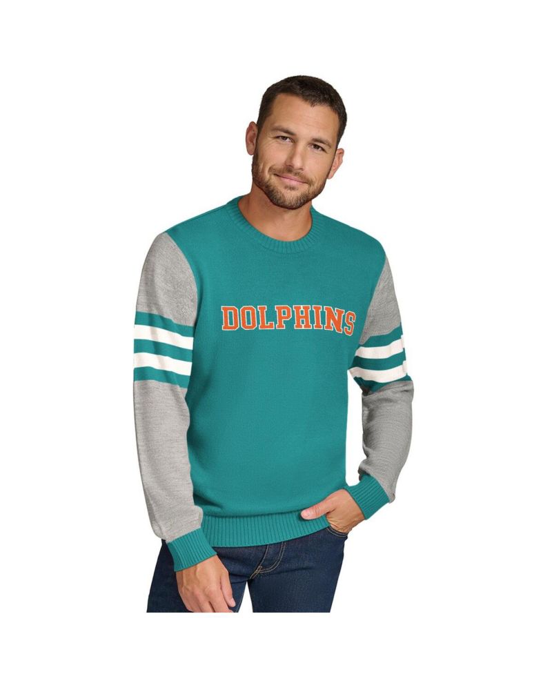 Men's Aqua/Heather Gray Miami Dolphins Acrylic Crewneck Pullover Sweatshirt