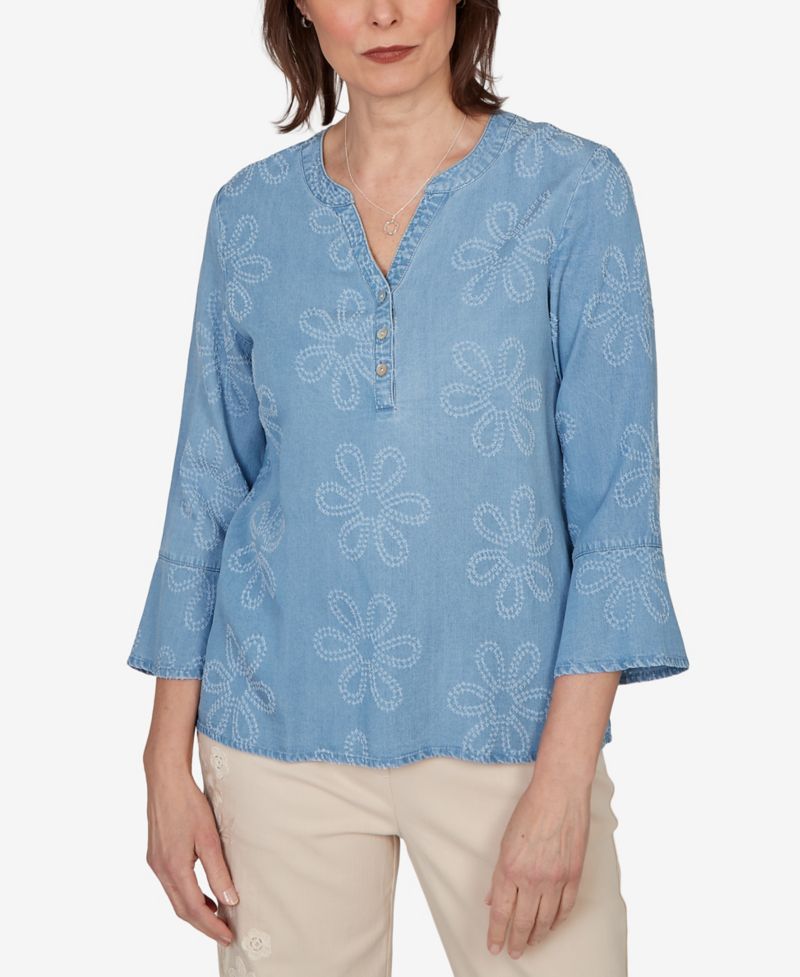 Petite Camden Market Tonal Embroidered Soft Henley Top