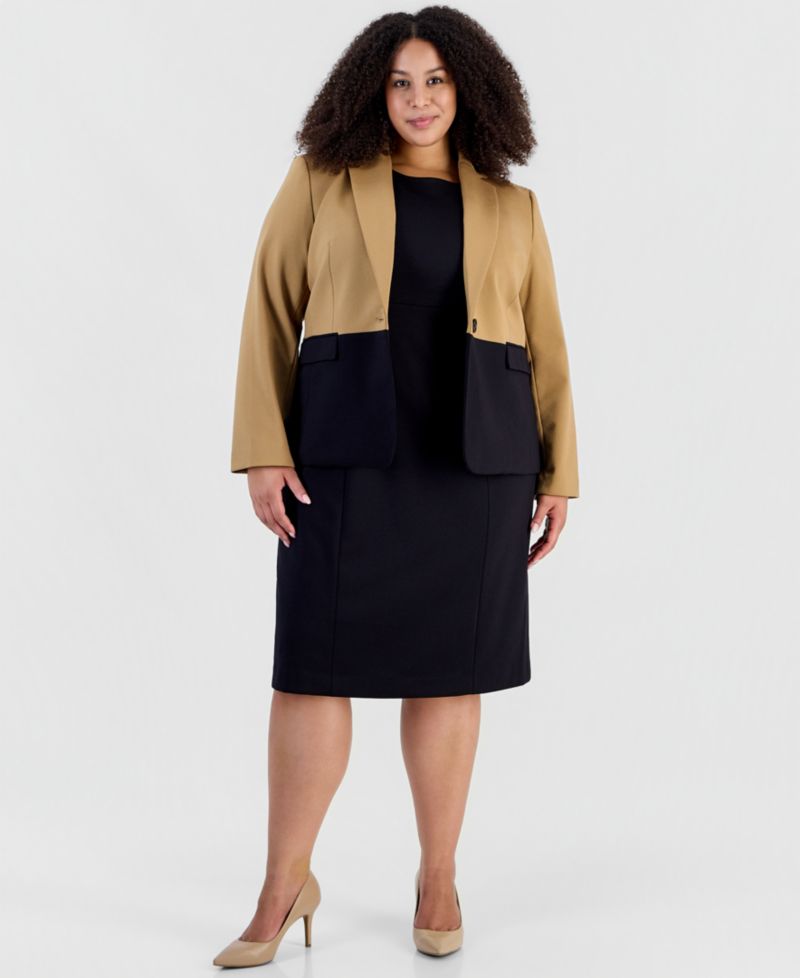 Plus Size Peplum Empire-Waist Seam Colorblock Jacket & Dress, 2-Piece Set
