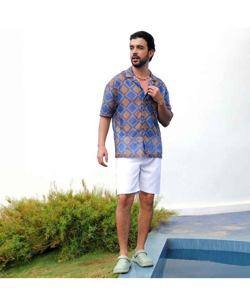 Men's Royal Blue & Mocha Brown Geometric Block Oversized Shirt