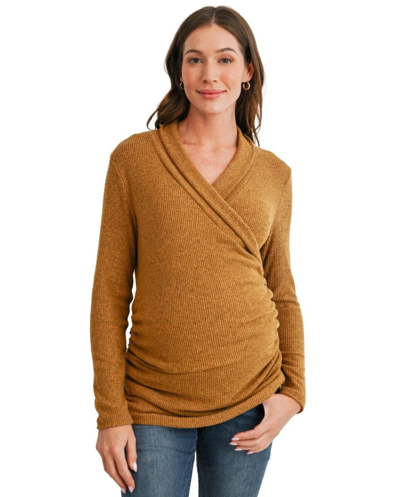 Maternity Nursing Ribbed-Knit Crossover V-Neck Long-Sleeve Top