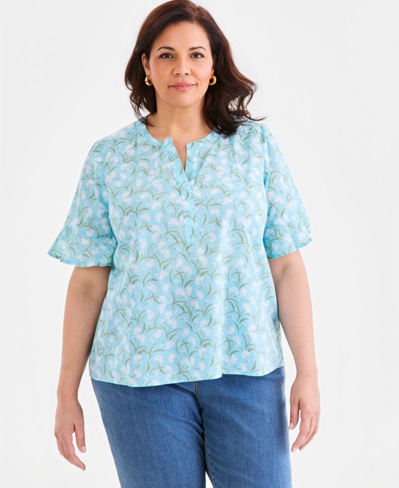 Petite Printed Cotton Split-Neck Popover Top