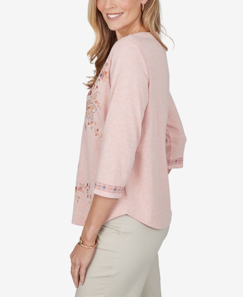 Petite 3/4-Sleeve Floral-Embroidered Henley Blouse