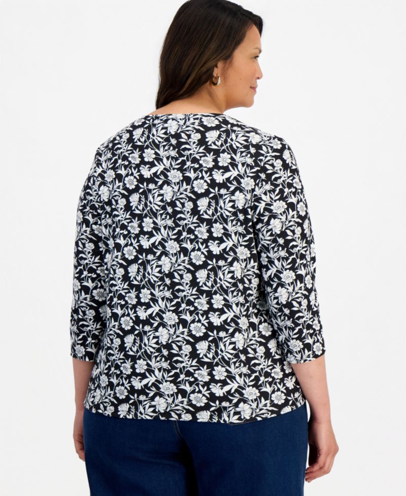 Plus Printed 3/4 Sleeve Henley Top