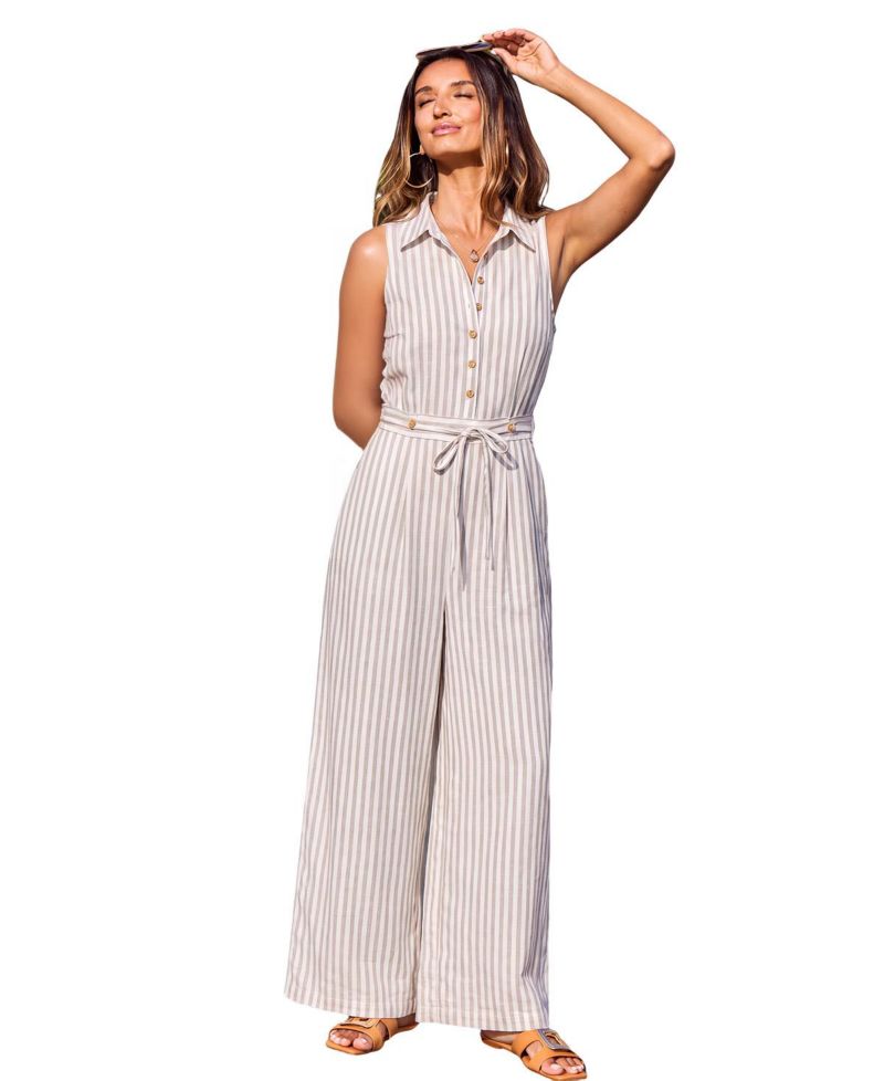 Women's Vertical-Stripe Sleeveless Wide-Leg Jumpsuit
