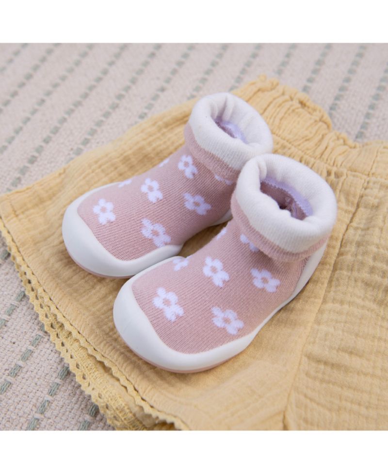 Baby Girls First Walk Sock Shoes Daisies - Mauve
