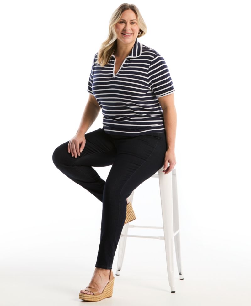 Plus Size Striped Contrast Trim Johnny Collar Short-Sleeve Polo Shirt