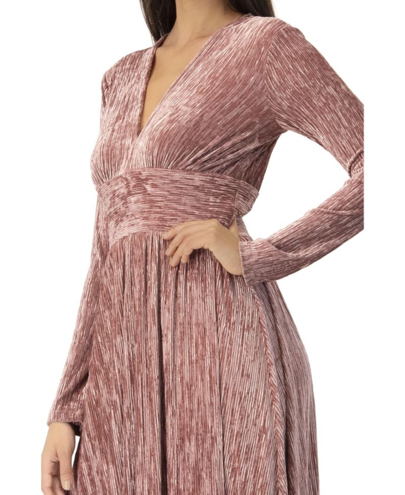 Women's Long Velvet Pleated V-Neck Dress