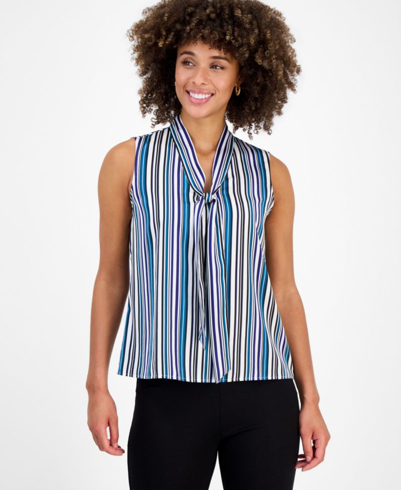 Women's Printed Tie-Neck Sleeveless Blouse