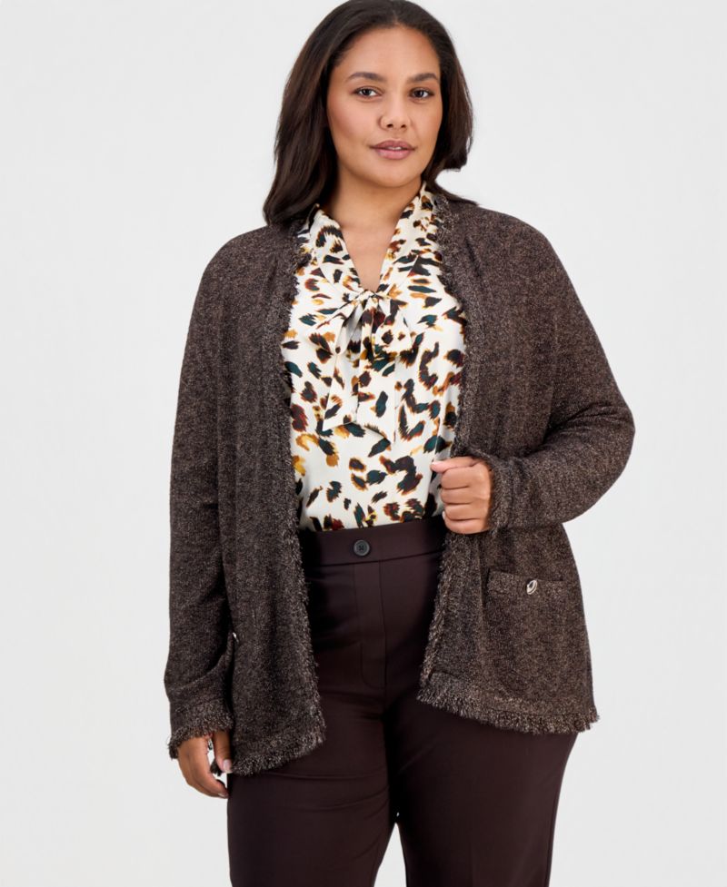 Plus Size Fringe Open-Front Fringe Cardigan